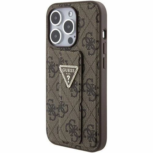 Чехол CG Mobile Guess Grip Stand PU 4G Triangle Diamond Metal Logo для iPhone 15 Pro Max коричневый