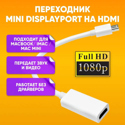 Адаптер Mini DisplayPort Mini DP (m) на HDMI (f) // Совместим с MacBook Pro/Air, iMac подключение ноутбука к дисплею монитору переходник mini display port hdmi 1080p мини дисплей порт кабель 25см белый