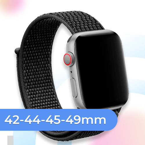 Нейлоновый ремешок для умных часов Apple Watch 42-44-45-49 mm / Тканевый сменный браслет для смарт часов Эпл Вотч 1-9, SE, Ultra серии / Черный