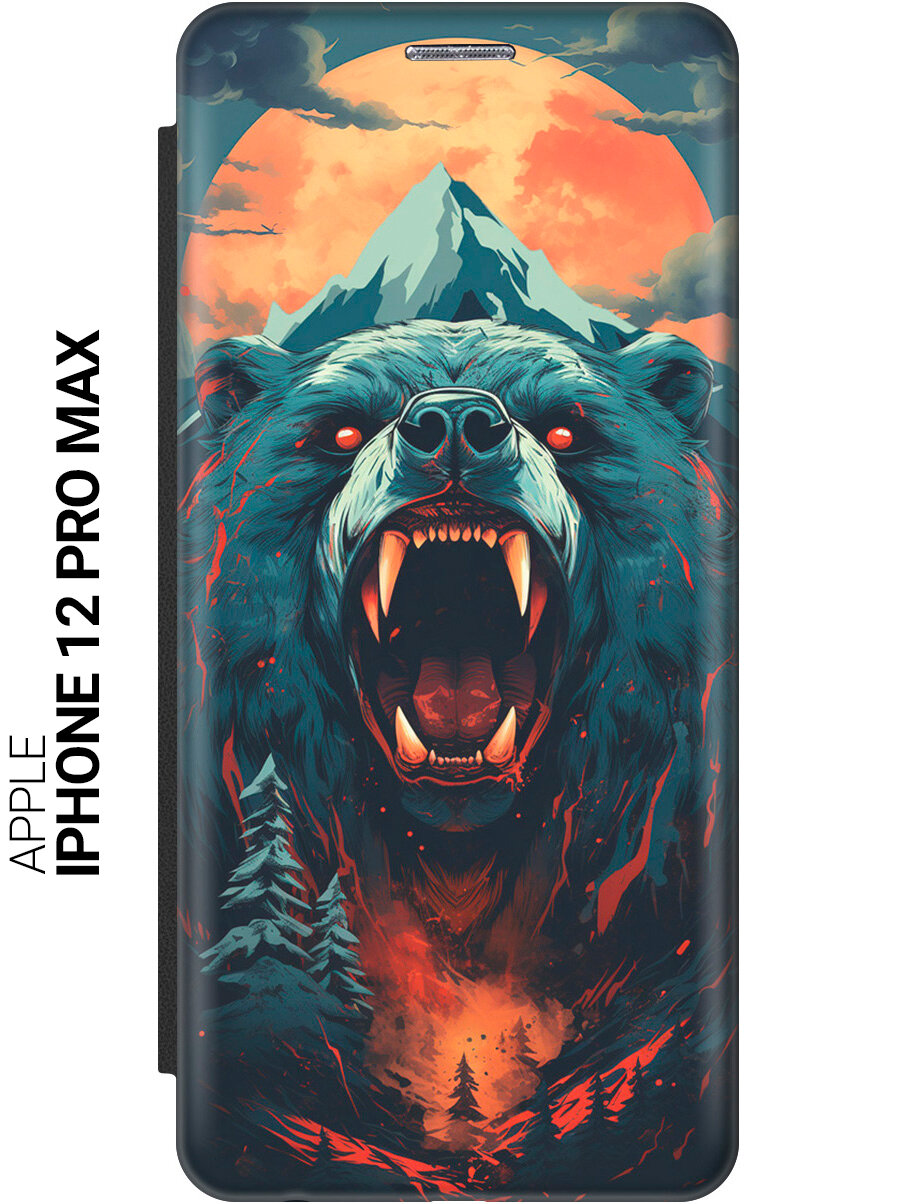 Чехол-книжка на Apple iPhone 12 Pro Max / Эпл Айфон 12 Про Макс с рисунком "Гризли при красной луне" черный