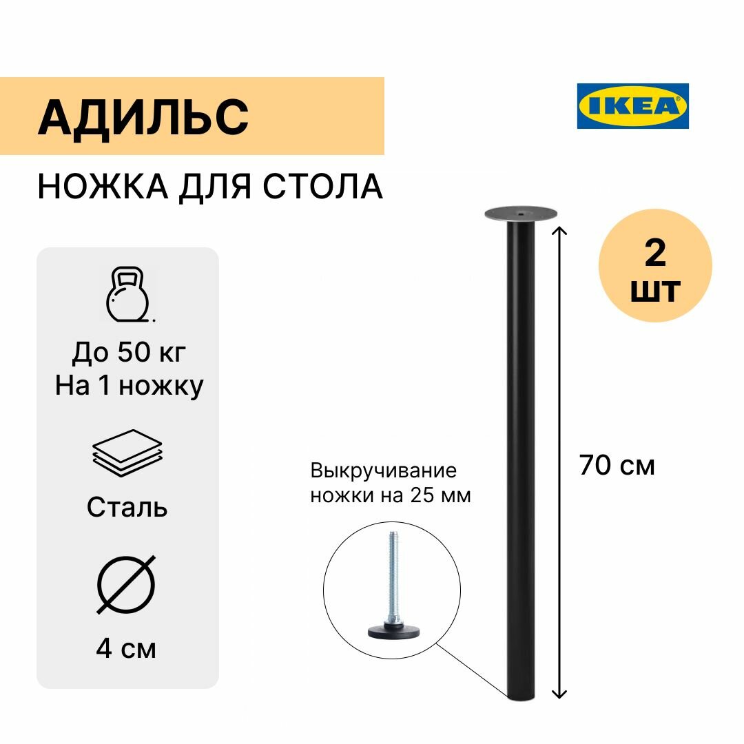 Ножка-опора для стола кухонного 70 см адильс (ADILS IKEA) чёрная 2 шт.