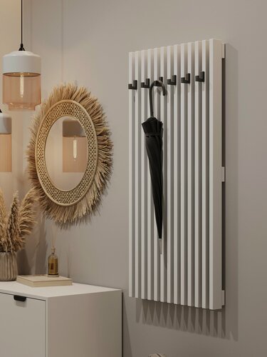 Изображение товара Вешалка настенная в прихожую Мебельно "Стиль" цвет белый - стильная белая настенная вешалка для одежды с рейками