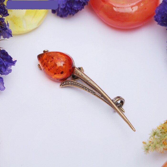 фото Брошь "Янтарь" тюльпан, цвет коньячный в бронзе