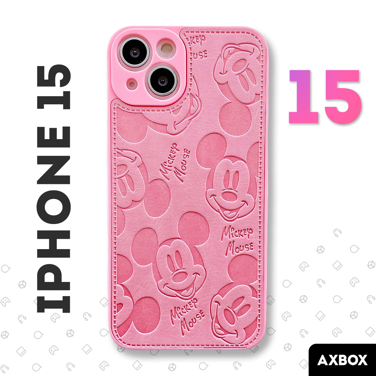 Розовый силиконовый чехол на Айфон 15 Микки Маус, Mickey Mouse, Дисней, кожаный