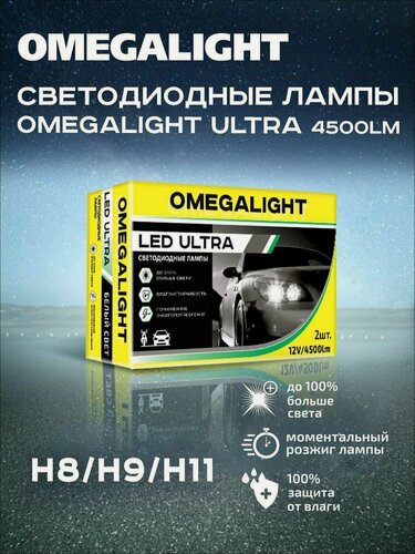 Изображение товара Светодиодные лампы Omegalight Ultra H8/H9/H11 4500lm, комплект 2шт