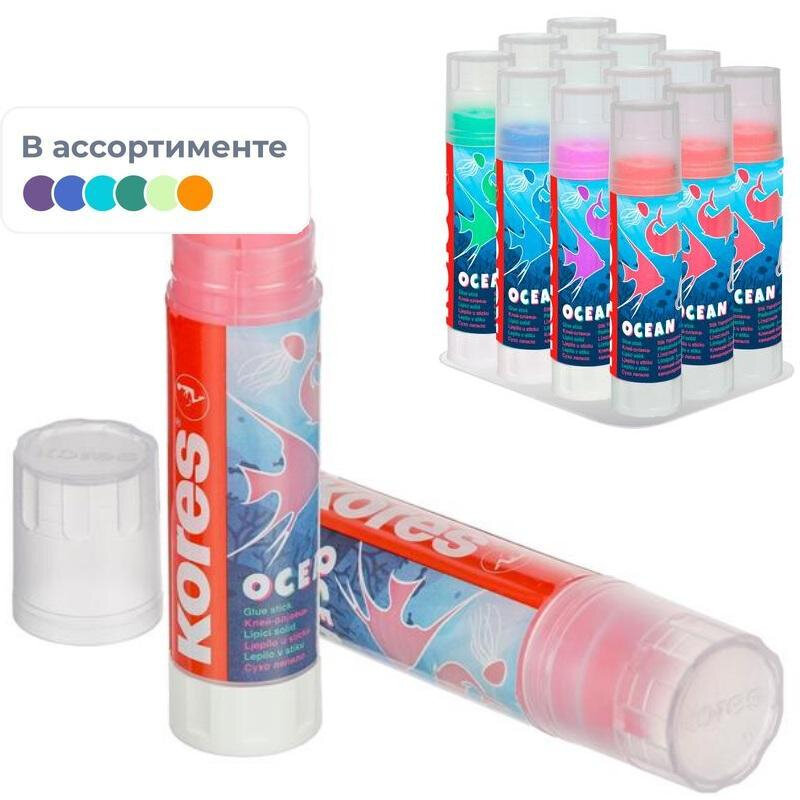 фото Клей-карандаш 20г Kores Ocean ассорти: прозрачный син, голуб, фиол, розов