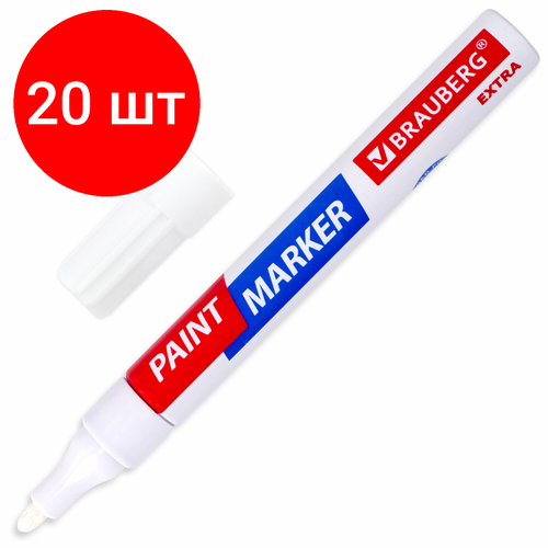 Комплект 20 шт, Маркер-краска лаковый EXTRA (paint marker) 4 мм, белый, улучшенная нитро-основа, BRAUBERG, 151978