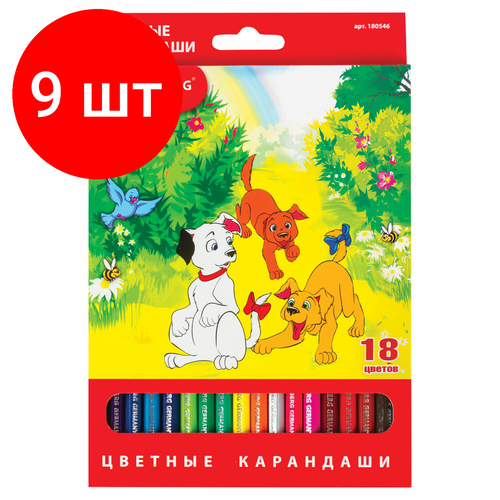 Комплект 9 шт, Карандаши цветные BRAUBERG My lovely dogs, 18 цветов, заточенные, картонная упаковка, 180546