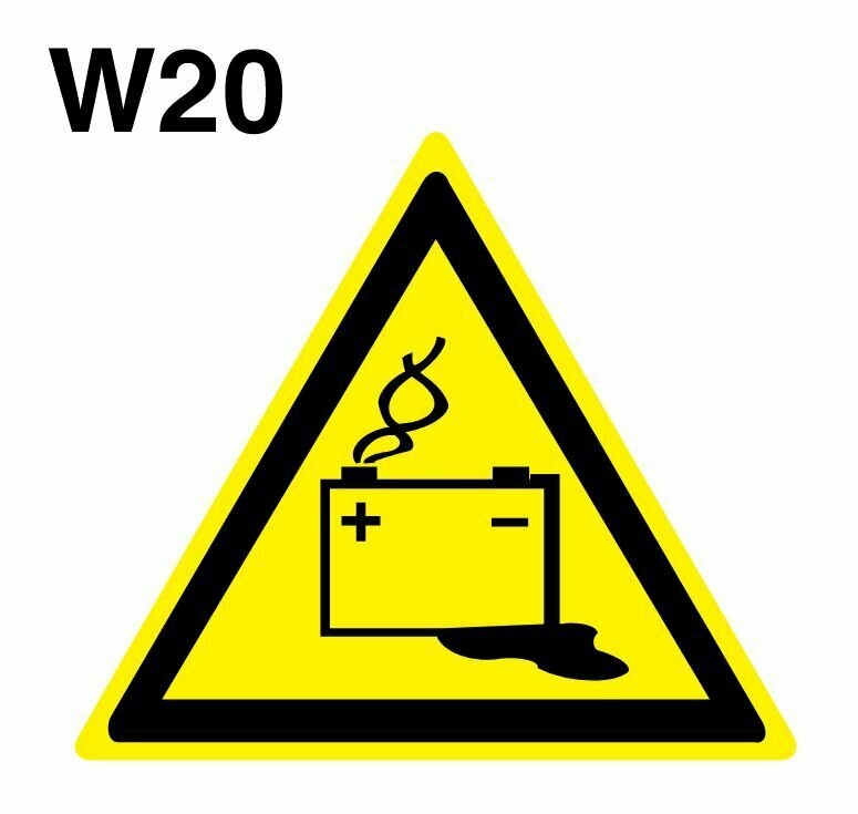 Предупреждающий знак W20 Осторожно. Аккумуляторные батареи ГОСТ 12.4.026-2015