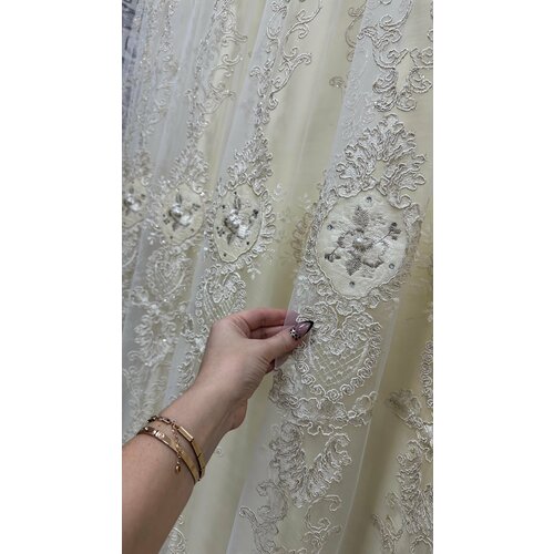 Тюль сеточка с вышивкой, Айвори с бежевым 6м, высота 2,7м