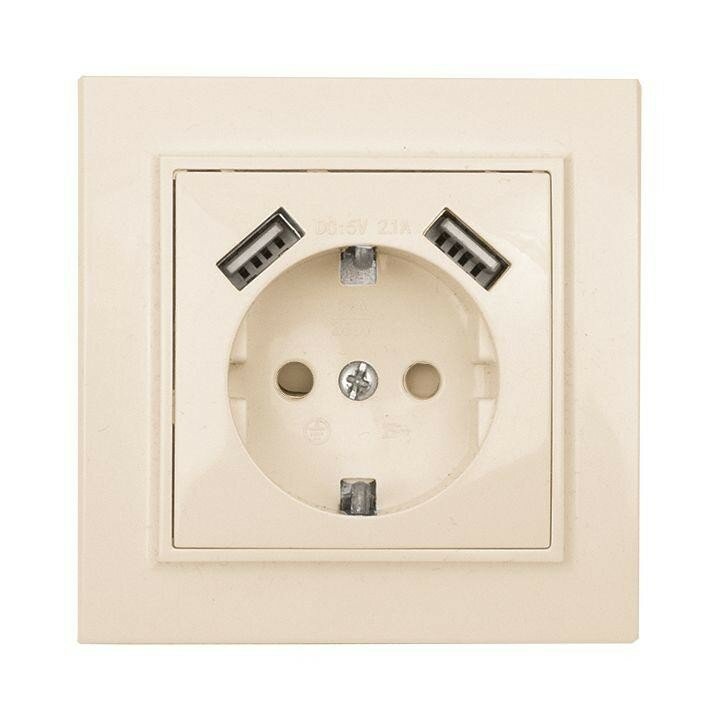 фото Розетка 1-м СП Минск 16А IP20 с заземл. защ. шторки с 2-мя заряд. устройствами USB 2.1А беж.