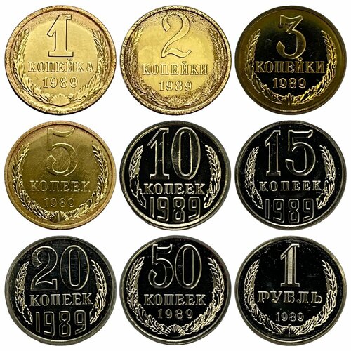 СССР, набор монет 1, 2, 3, 5, 10, 15, 20, 50 копеек, 1 рубль Soviet Union Uncirculated set 1989 г. монета ссср 10 копеек 1989 год 5 2