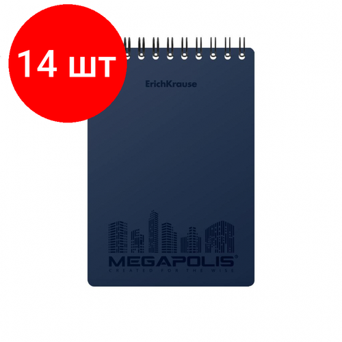 Комплект 14 штук, Блокнот А6 Erich Krause MEGAPOLIS 80л обл. пласт, синий, спир, клетка 45948