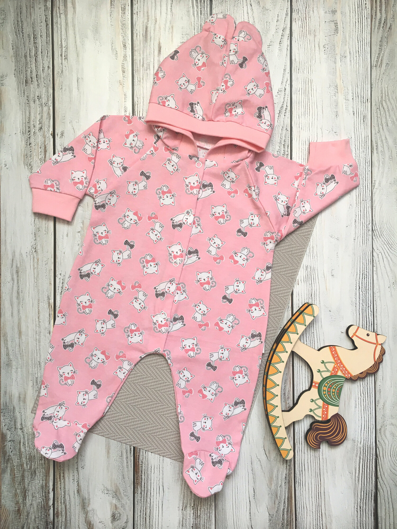 фото Детский комбинезон для новорожденных девочек "Кошка" розовый, размер 24-74