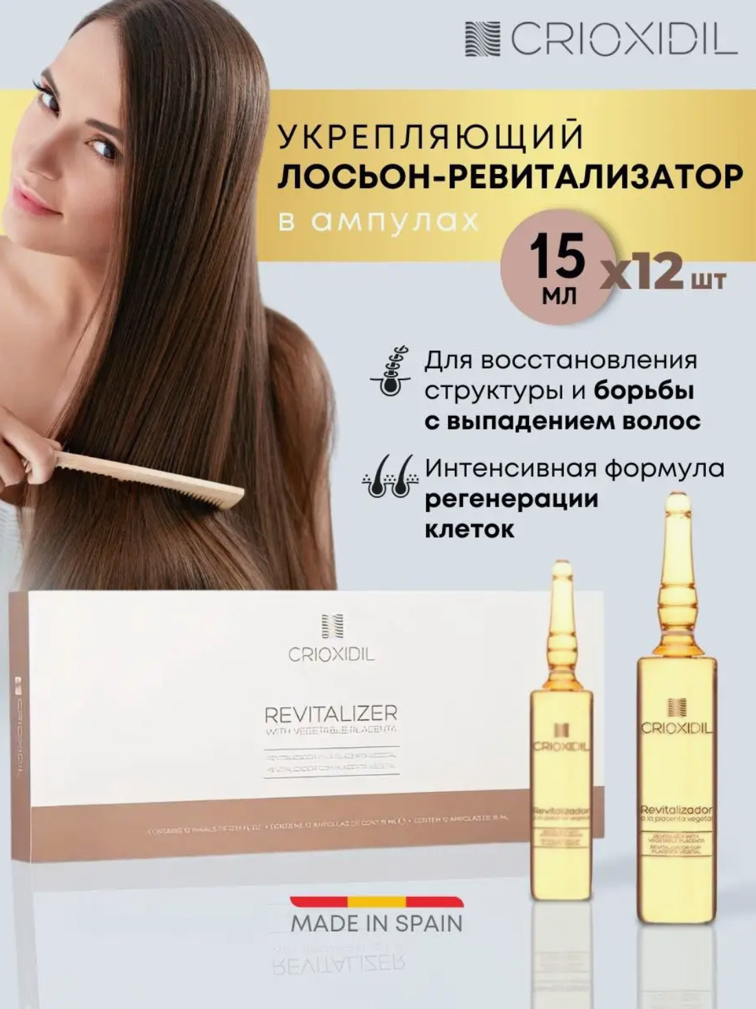 Ампулы для волос от выпадения восстановление и роста, несмываемый профессиональный уход Crioxidil Revitalizer by Salerm Cosmetics, 12 шт по 15 мл