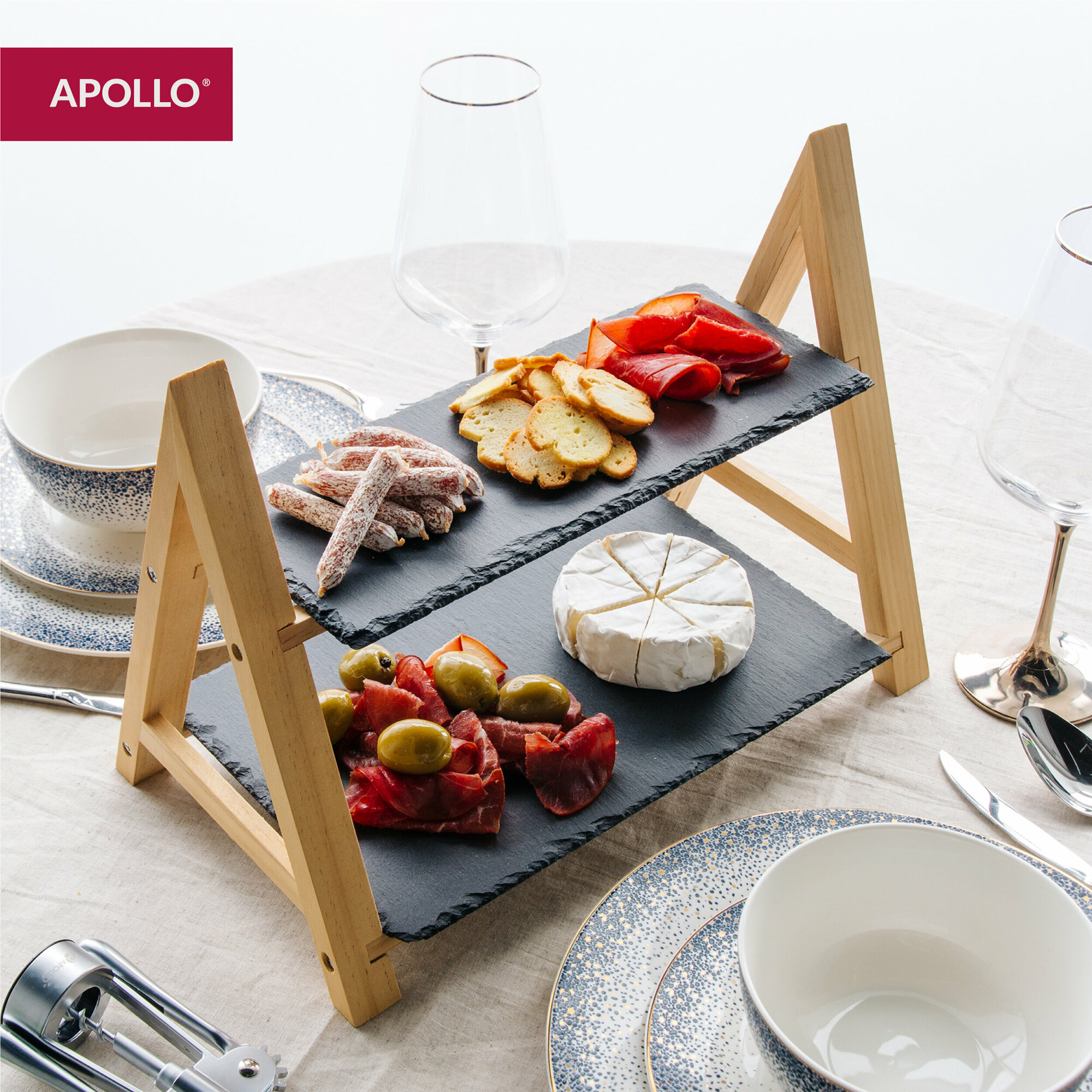 Сервировочная сланцевая доска, подставка двухъярусная из бамбука APOLLO "Tapas"