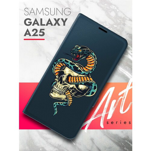 Чехол на Samsung Galaxy A25 (Самсунг Галакси А25) синий книжка эко-кожа подставка отделение для карт магнит Book case, Brozo (принт) Череп Змея чехол на samsung galaxy a25 самсунг галакси а25 синий книжка эко кожа подставка отделение для карт магнит book case brozo принт синий колокольчик