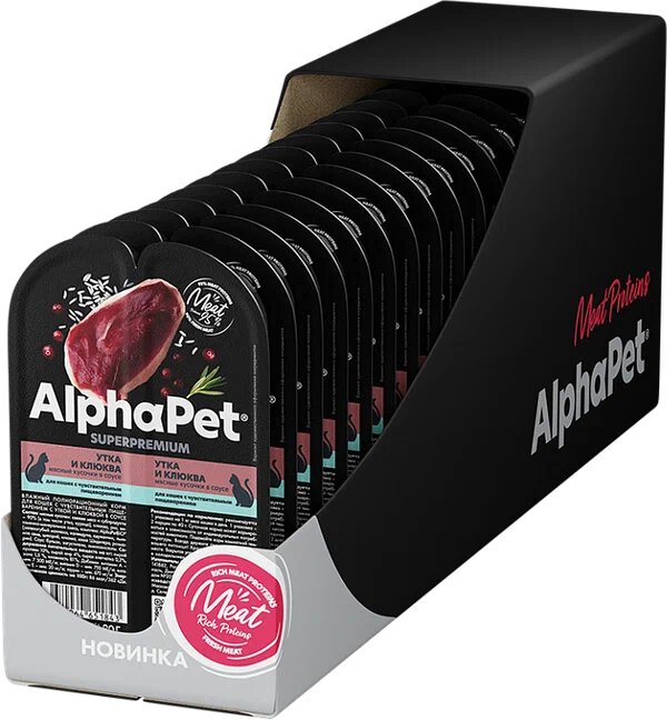 AlphaPet Superpremium Влажный полнорационный корм для взрослых кошек с чувствительным пищеварением утка и клюква, 80г (Упаковка 15 блистеров)