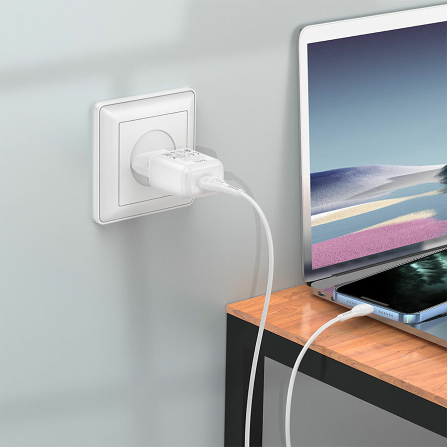 Сетевое зарядное устройство HOCO C96A 1xUSB с Кабелем USB - Lightning, 3.0A, 20W, белый — фото 1