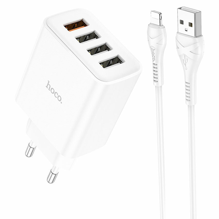 Сетевое зарядное устройство HOCO C102A Fuerza 4xUSB с Кабелем USB - Lightning, 2.1A, 10.5W, белый