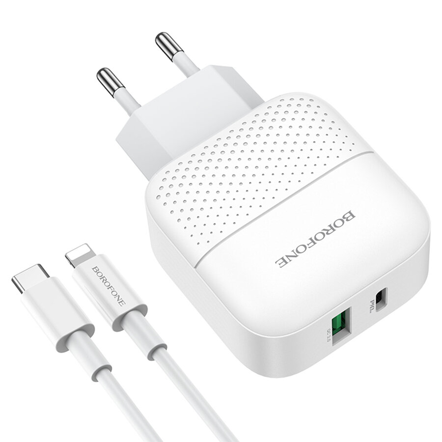 Сетевое зарядное устройство BOROFONE BA46A Premium 1xUSB + 1xUSB-C с Кабелем Type-C - Lightning, 3A, 18W, белый