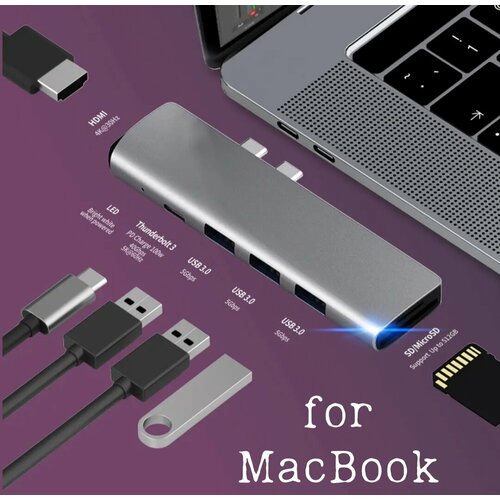 Концентратор хаб для MacBook адаптер type c на hdmi pd usb 3 0 2 sd tf для macbook серебро