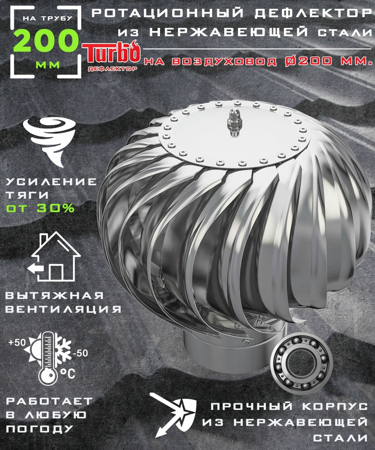 Ротационный дефлектор ТД 200н /турбодефлектор/ D200, нержавеющая сталь