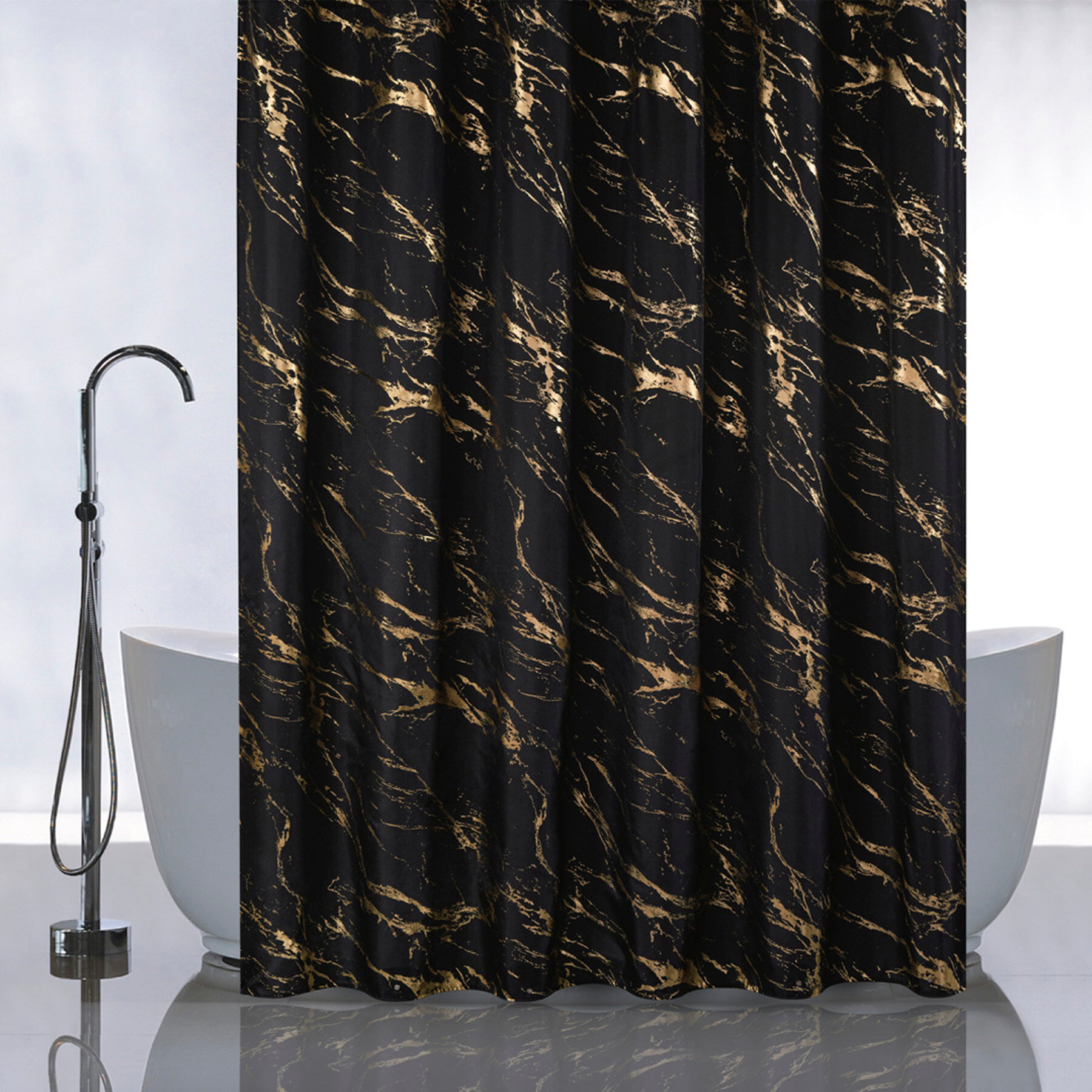 Штора с рисунком золотые перья на черном  в ванную комнату без колец - полиэстэр 180 х 180 см  санакс 01-107