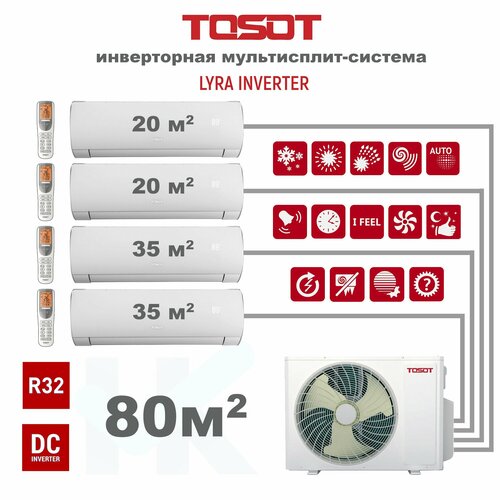 Инверторная мульти сплит-система TOSOT серии LYRA INVERTER R32 на 4 комнаты (20 м2 + 20 м2 + 35 м2 + 35 м2) с наружным блоком 80 м2 , Попеременная работа