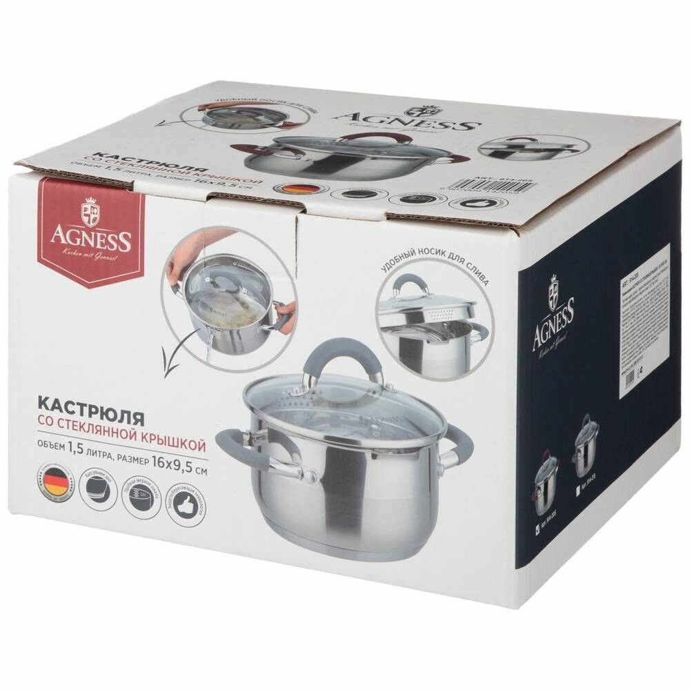 Кастрюля profi home со стеклянной крышкой, 1,5л Agness (160779)