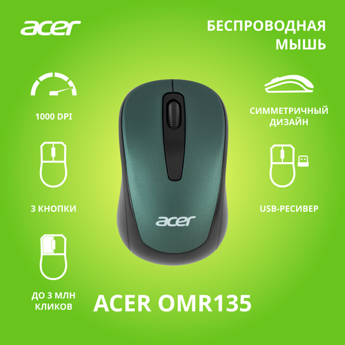 Мышь Acer OMR135 зеленый оптическая 1000dpi беспроводная USB для ноутбука 2but 41900₽