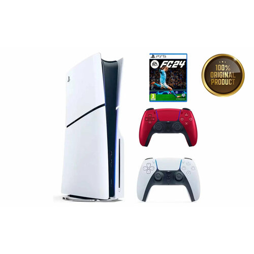 Игровая приставка Sony PlayStation 5 Slim, с дисководом, 1 ТБ, два геймпада (белый и красный), Fifa 24