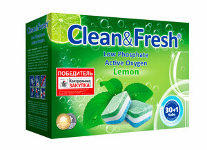 Таблетки для посудомоечной машины Clean & Fresh All in 1, Lemon, 30 шт., 0.6 кг, коробка