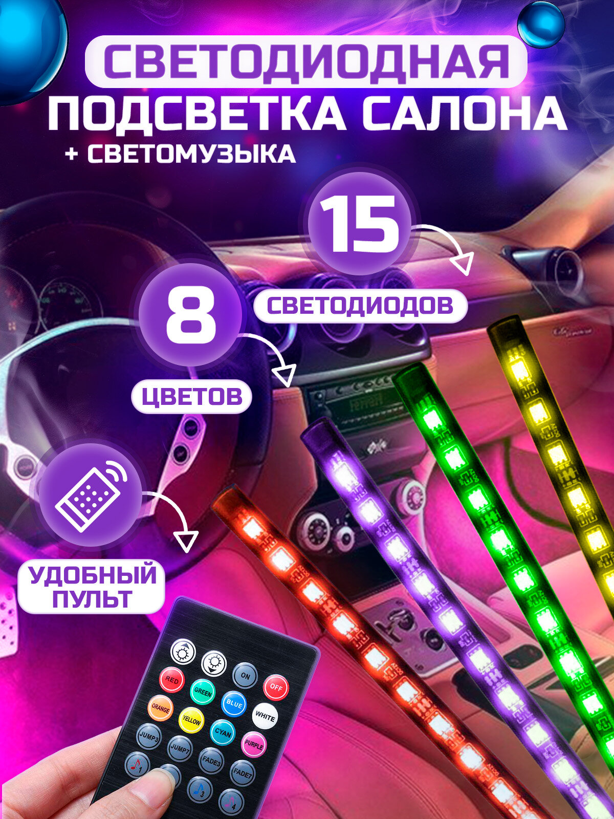 Подсветка салона автомобиля комплект светодиодных лент с пультом ДУ для авто, 8 цветов, черная