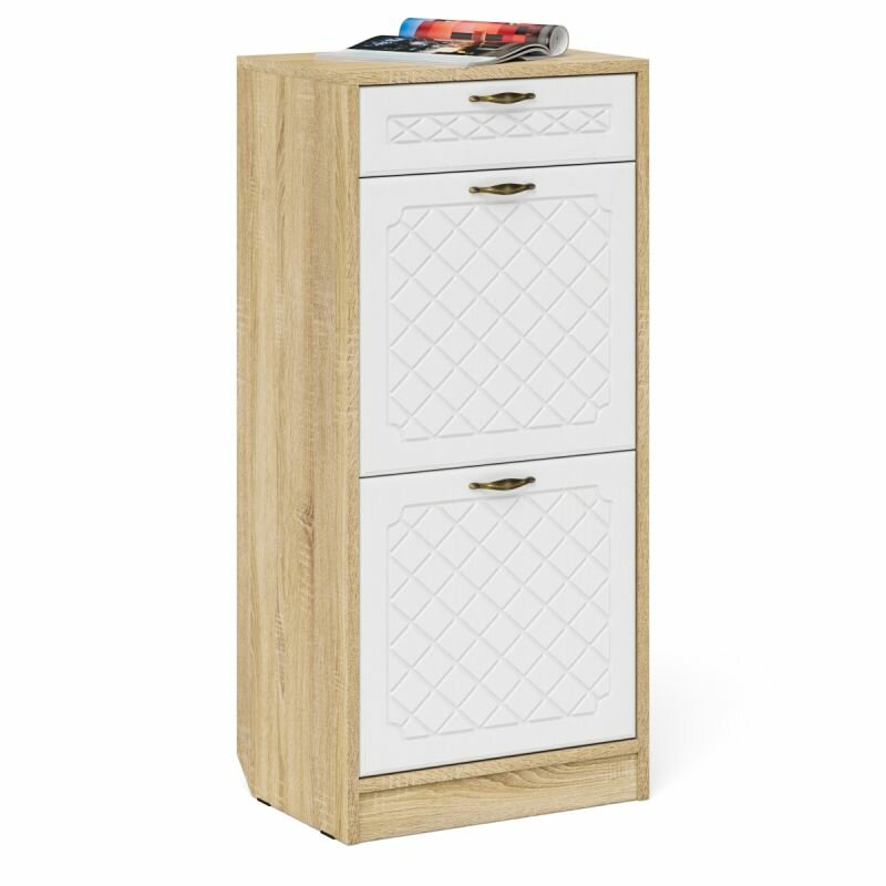 фото Тумба для обуви мебельный двор Прихожая П-6 2 секции, цвет дуб сонома/фасады МДФ белое дерево фрезеровка ромб, ШхГхВ 50х35х108,3 см.