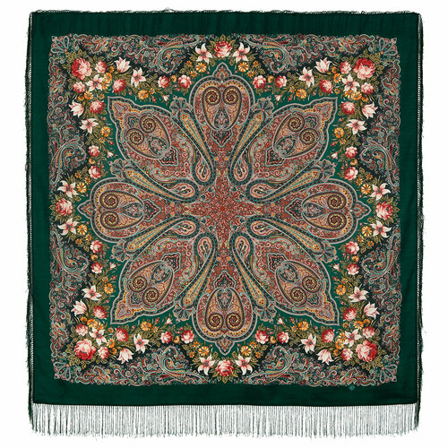 Платок Павловопосадская платочная мануфактура, 146х146 см, зеленый, оранжевый