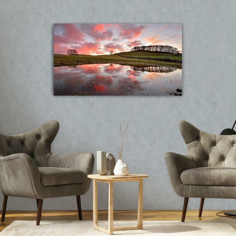 Картина на холсте 60x110 LinxOne "Небо поле облака отражение" интерьерная для дома / на стену / на кухню / с подрамником
