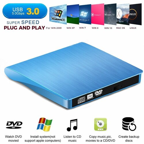 Внешний оптический CD/DVD привод (дисковод) USB 3.0 для ПК/ноутбука/ компьютера/тонкий корпус, Синий синий, black