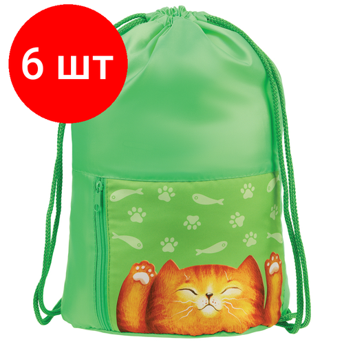 Комплект 6 шт, Мешок для обуви 1 отделение Мульти-Пульти Lazy Cat, 340*420мм, карман на молнии, зеленый