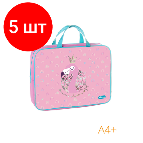 Комплект 5 шт, Папка текстильная с ручками 1 отделение, А4 Först Shiny flamingo, 350*265*80мм, текстиль, на молнии папка текстильная с ручками 1 отделение а4 först shiny flamingo 350 265 80мм текстиль на молнии