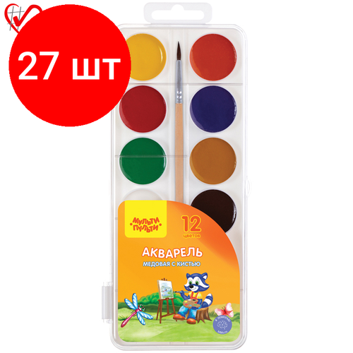 Комплект 27 шт, Акварель Мульти-Пульти Приключения Енота, медовая, 12 цветов, с кистью, пластик акварель мульти пульти приключения енота 12 цветов медовая с кистью