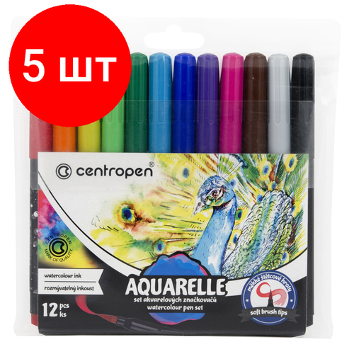 Комплект 5 шт, Набор акварельных маркеров Centropen Aquarelle 8683 12цв, кистевые, 1-9мм, европодвес