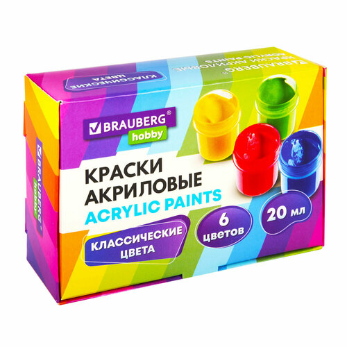 Упаковка 4 шт Краски акриловые для рисования и творчества 6 цветов по 20 мл BRAUBERG HOBBY 192434 1148₽
