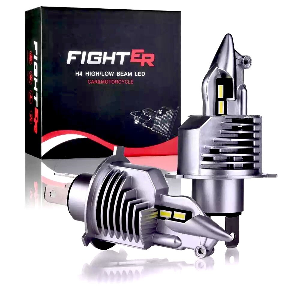 Led автомобильные светодиодные лампы Fighter (Файтер) H4, ближний и дальний 6000K белый свет в фары c СТГ, 2шт
