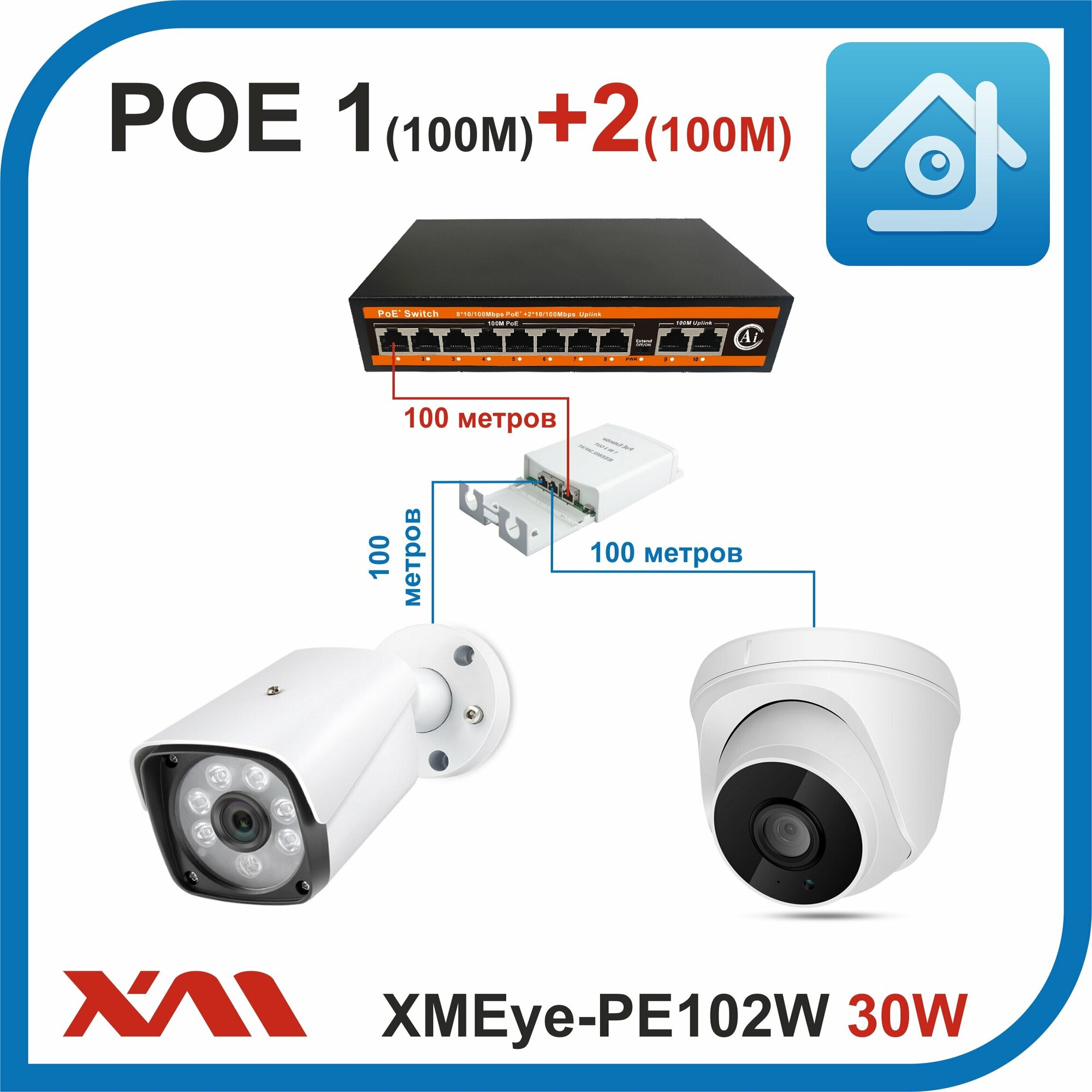 XMEye-PE102W 30W Extender (Экстендер) POE на 1+2 порта (10/100M) для уличной установки