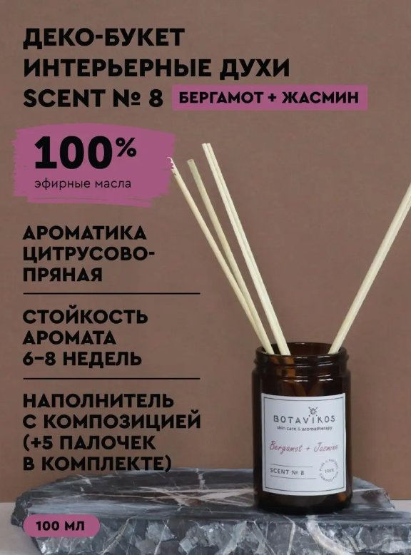 Интерьерные духи диффузоры Scent № 8. Бергамот + Жасмин, 100 мл