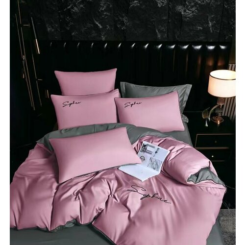 Постельное белье Евростандарт Candies на резинке Сатин, Жатка / простыня 180x200+25 / пододеяльник 200x220 / 4 Наволочки 50x70-2, 70x70-2 Розово Серый розовый, серый, размер евростандарт