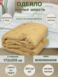 Одеяло Овечья шерсть всесезонное 2-спальное 170*205 см. Легкое для сна, для дома, для дачи