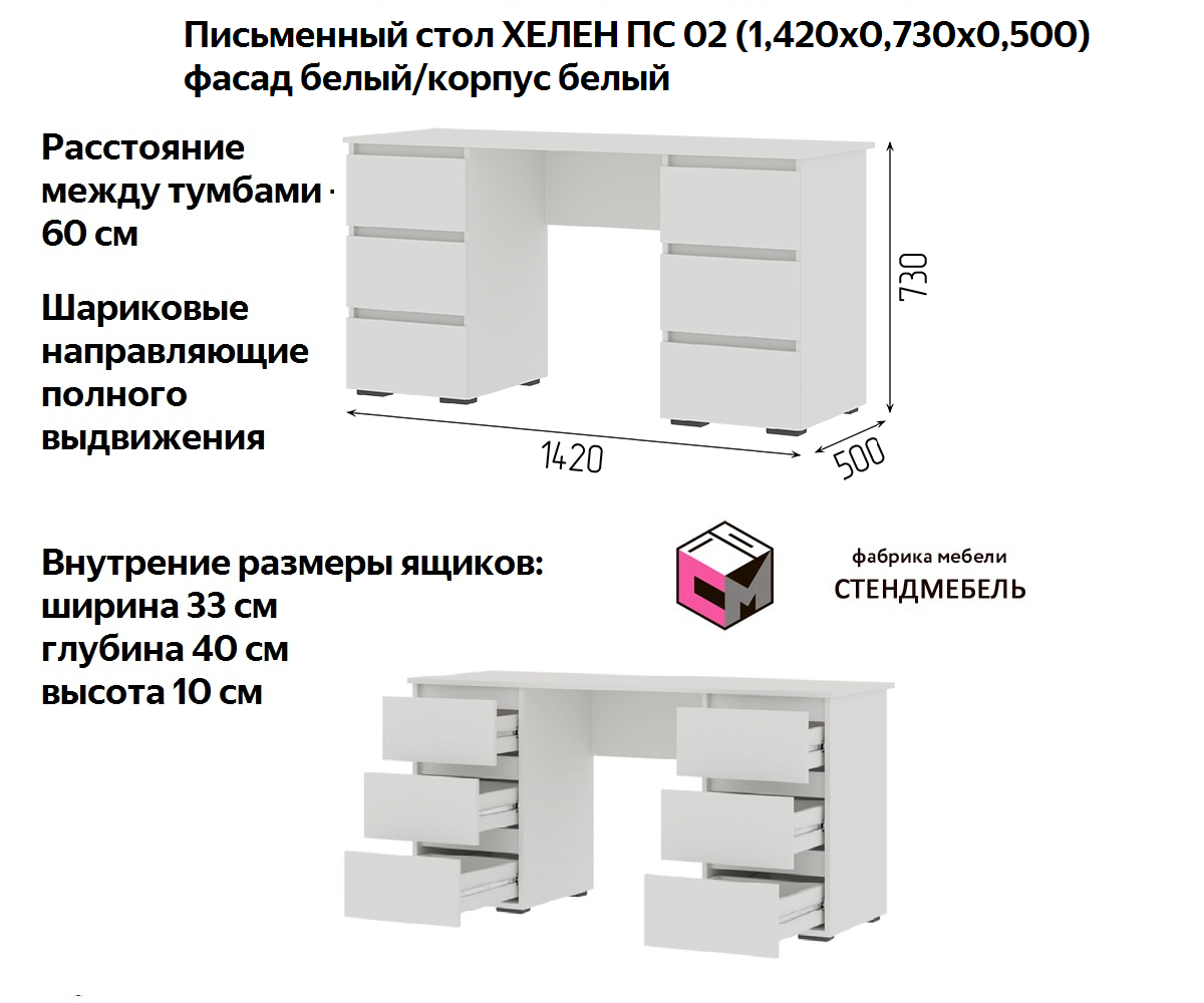 Хелен ПС 02 Письменный стол (1,420х0,730х0,500) фасад белый/корпус белый