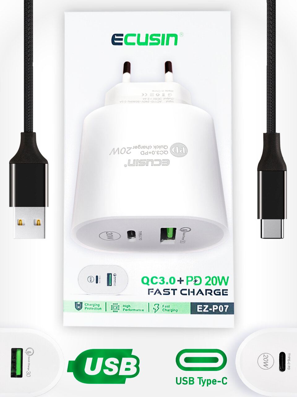 Быстрое сетевое зарядное устройство 2 в 1 для iPhone и Android / 20 W / белое / TYPE-C + USB / PD20W QC 3.0